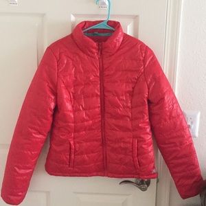 Red puffer jacket